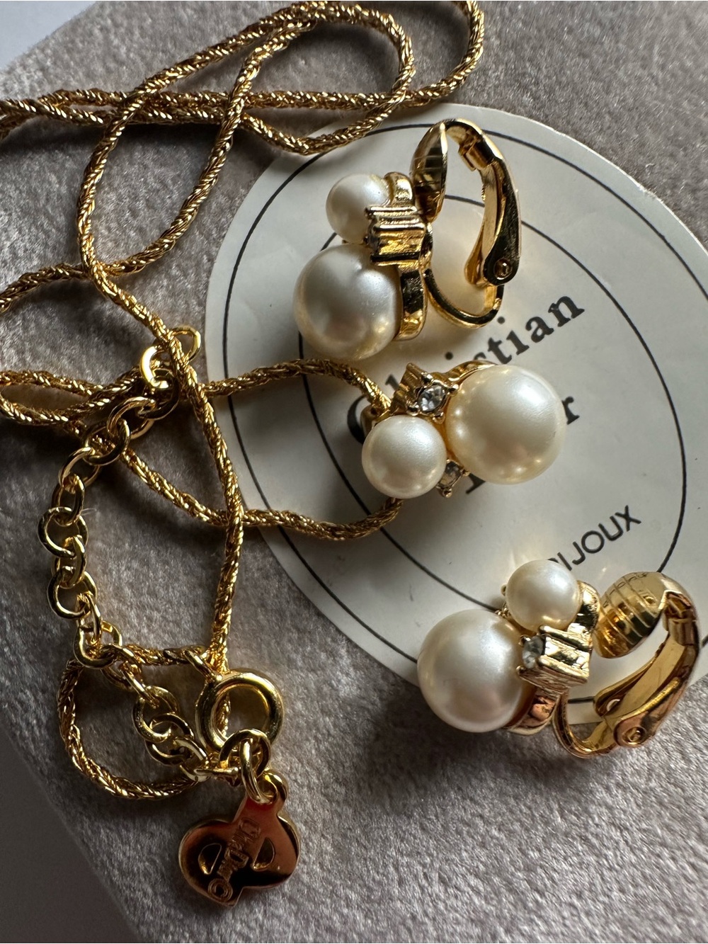 Vintage Christian Dior Faux Pearl Rhinestone Necklace & Clip-On Earrings Set